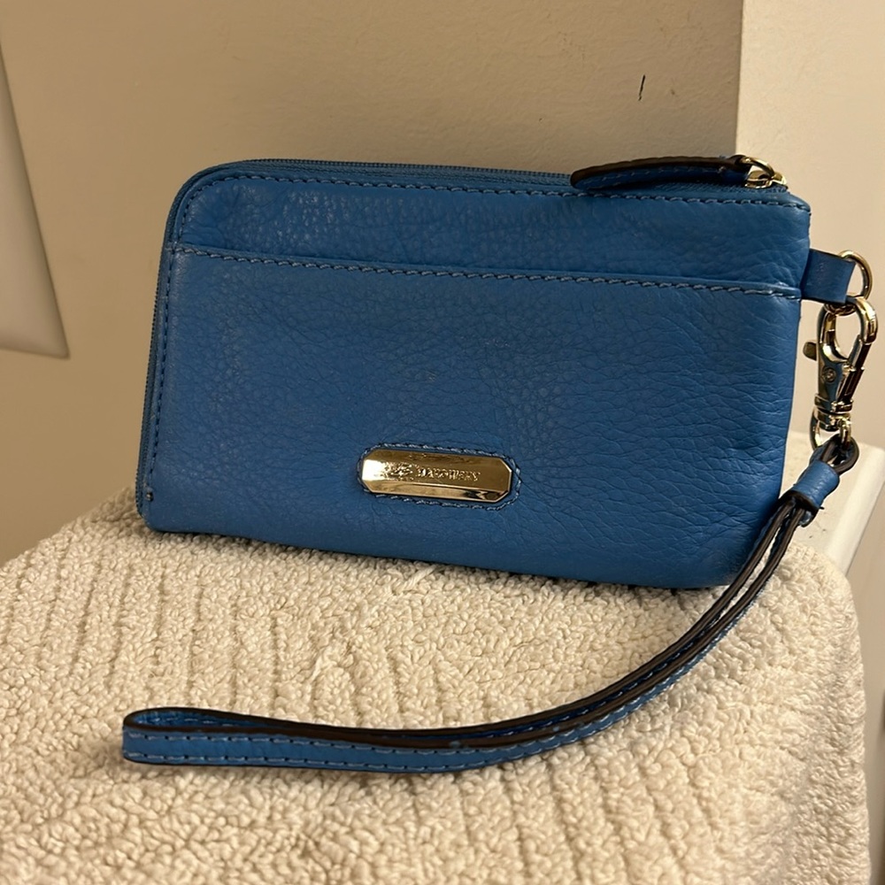 b. Makowsky Blue Leather Full Zip Wristlet Card Holder Wallet Detachable Strap